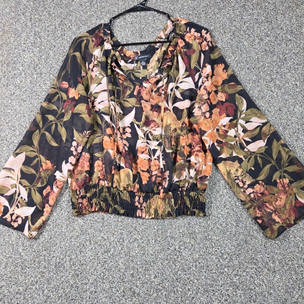 INC International Concepts‎ Blouse Women Large Black Floral Leopard Smocked Hem